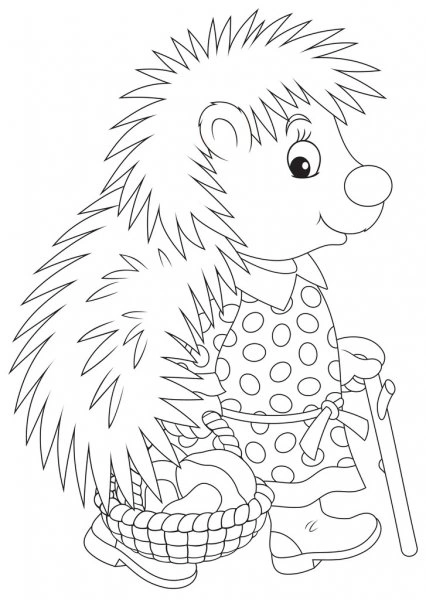 Coloring book of hedgehog with basket of mushrooms